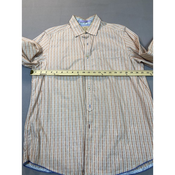 Tommy Bahama Shirt Island Crafted Mens Medium Cotton‎ Orange White Gray Striped - Picture 9 of 15